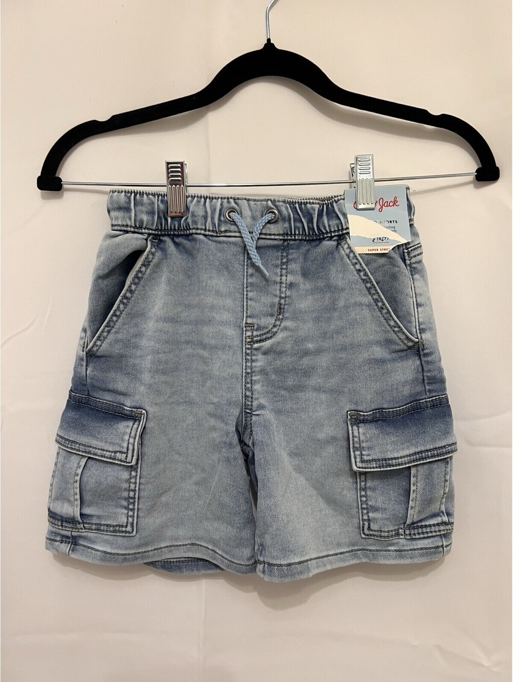 Cat & Jack Girls S 6/7 Denim Cargo Shorts Light Wash Stretch Drawstring NWT